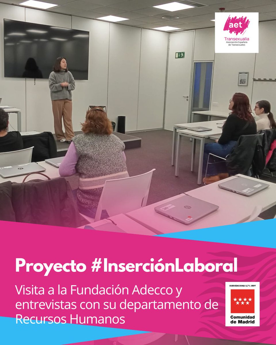 AetTransexualia's tweet photo. Seguimos en busca de #empresasTransInclusivas. El pasado mes, como parte de nuestro proyecto de inserción laboral del #colectivoTrans visitamos la @fund_adecco. Muchas gracias por la acogida #AbriendoCaminos Financia @ComunidadMadrid https://t.co/rDFPvKTa1m