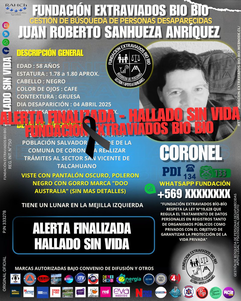 Extraviadosbiob's tweet image. ⚫ALERTA FINALIZADA CORONEL⚫
Fundación Extraviados Bio Bio confirma por intermedio de la Fiscal Regional del Bío Bio, que son Juan Sanhueza, fue hallado sin vida, agradecemos a todos quiénes ayudaron a compartir este caso. #F_EXTRAVIADOSBIOBIO #C750