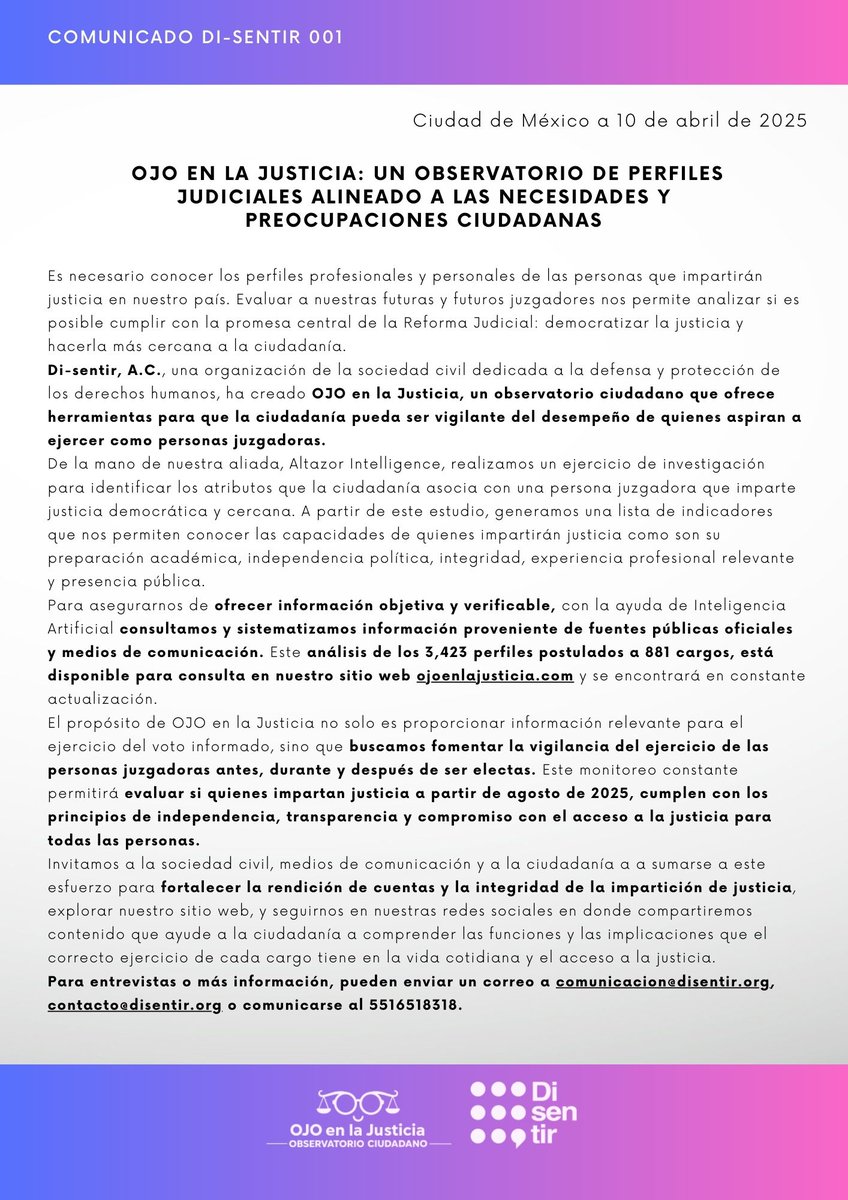 Di_sentir's tweet photo. Hoy lanzamos #OJOenlaJusticia 👀⚖️ una iniciativa en la que sistematizamos la información que te interesa para conocer a quienes impartirán justicia a partir de agosto 2025 #ElecciónJudicial 👉🏼 https://t.co/K88P9AO7jL https://t.co/UfGSX3j8DH