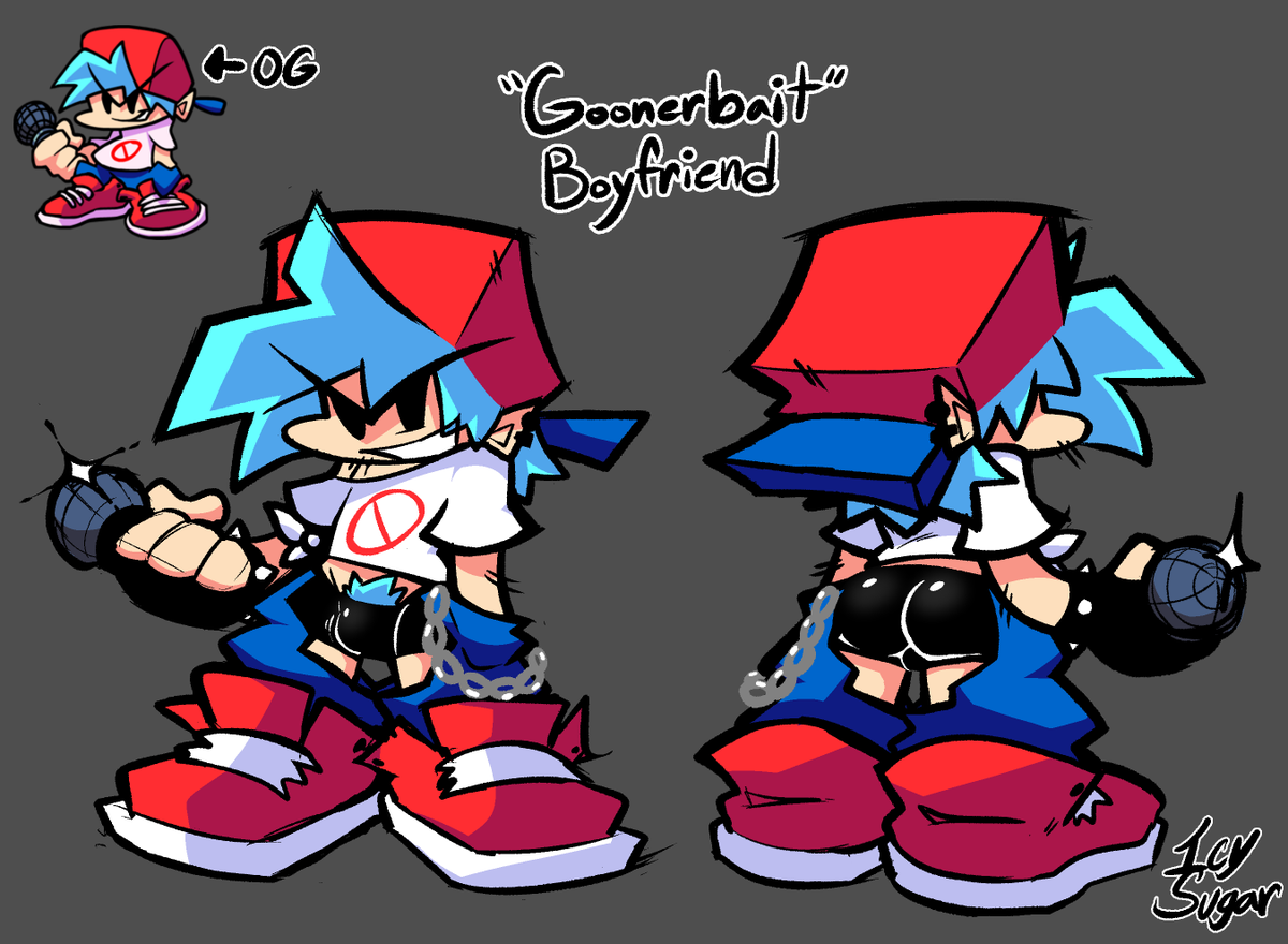 Surprise! i thought a "goonerbait" bf would be a funny concept to draw out so i made a ref sheet for him 

it's a little scuffed and the pants don't make sense but there was an attempt here lol. feel free to draw him if ya like ^^
#fnfnsfw