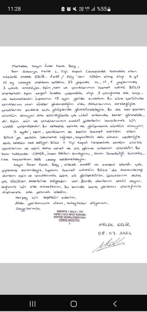 Sümeyra'nın annesi Melek GELİR, çocuklarına yakın bir cezaevine nakledilmek için Sümeyra'nın vefatından önce defalarca başvurmuş, ancak her defasında talepleri reddedilmişti.

Aşağıda annenin bu talebini dile getirdiği Kocaeli milletvekilimiz Ömer Faruk Gergerlioğlu'na yazdığı