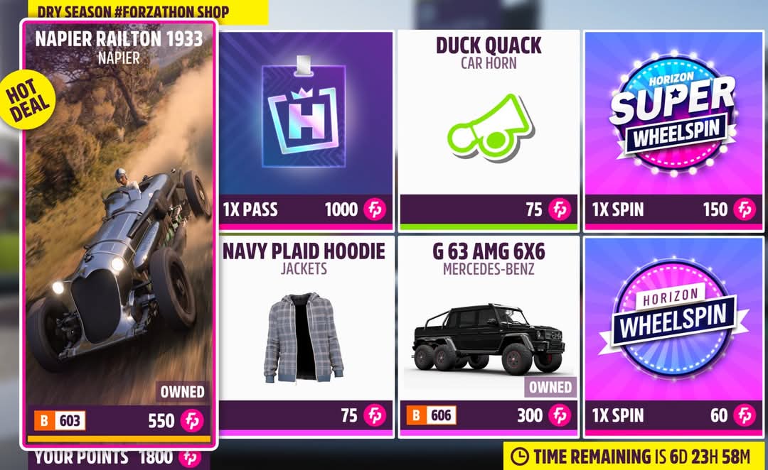 ForzaHorizon5UK's tweet photo. #ForzathonShop
Series 45 - Dry Season
'33 Napier Railton - 550fp
Mercedes-Benz G 63 AMG 6x6 - 300fp
Backstage Pass - 1,000fp
Duck Quack (Car Horn)
Navy Plaid Hoodie (Jackets)
#H5FB #forza #horizon #fh5 #Dryseason #Series45 #HorizonWildsTakeover #HorizonWilds https://t.co/G8pSapFa4e