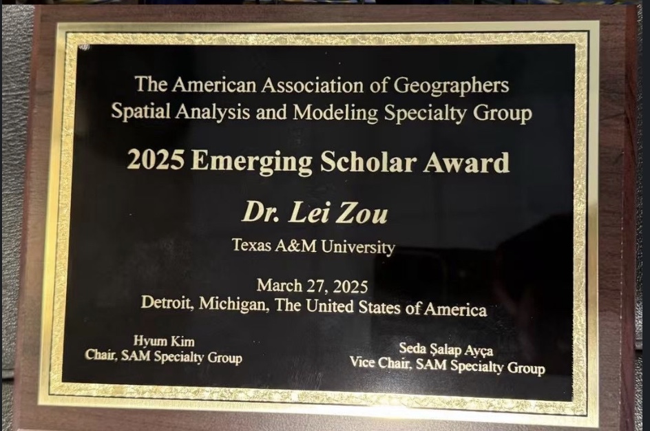 Congratulations to Dr. Lei Zou, an HRRC Fellow! Dr. Zou attended the American Association of Geographers (AAG) Annual Meeting and received the SAM Emerging Scholar Award!