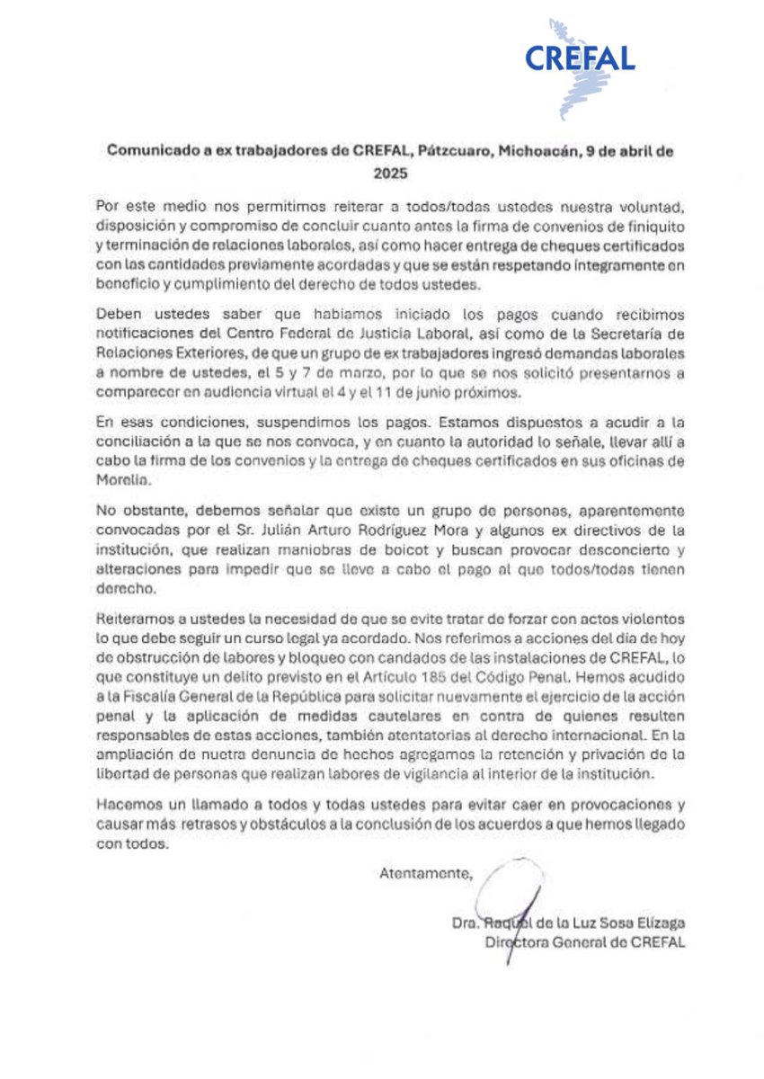 CREFALUnidos's tweet photo. @Claudiashein @SEGOB_mx 
Nos pronunciamos ante el comunicado de Raquel Sosa, después de que solicitáramos diálogo es hasta las acciones pacíficas, que se ha lanzado a amenazarnos y ejercer represalias en contra de los trabajadores organizados y sus legítimos representantes. https://t.co/Ehy1kEKa8d