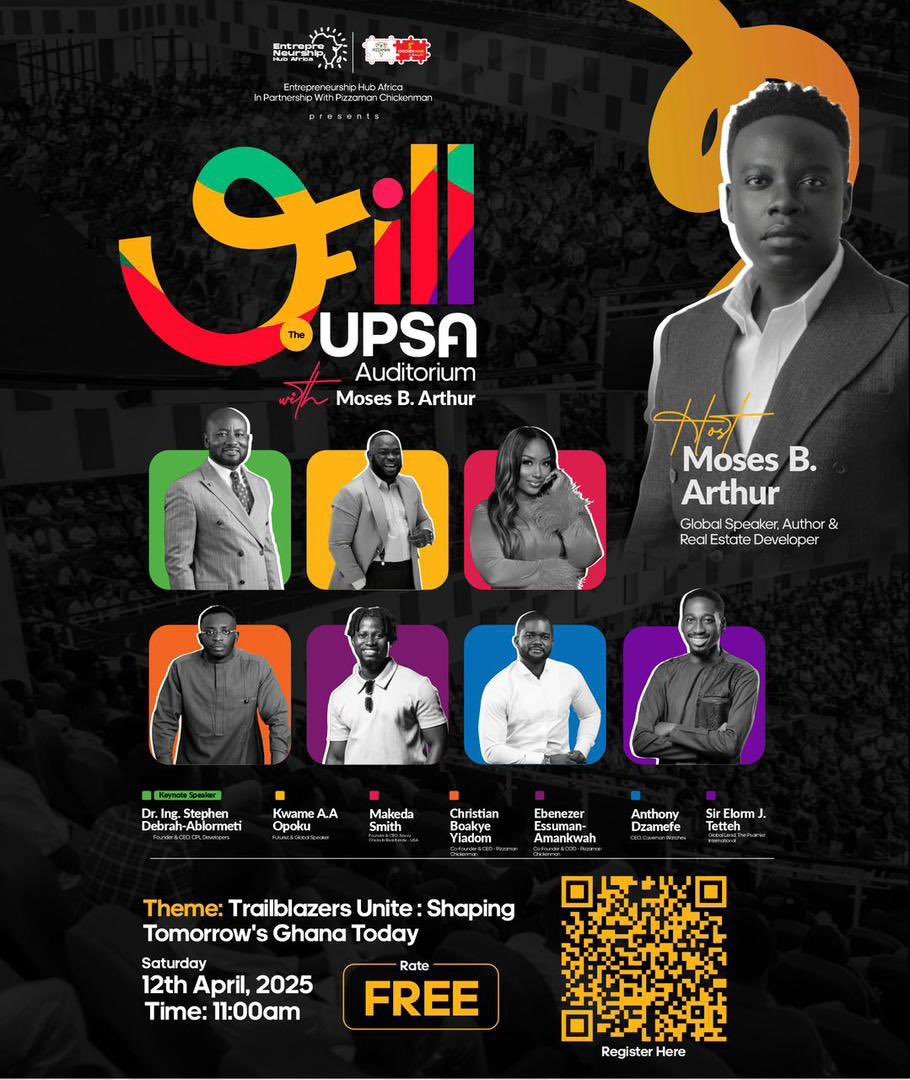🔥 Join us at The UPSA Auditorium on April 12th for "Trailblazers Unite: Shaping Tomorrow's Ghana Today" with Moses B. Arthur! Free entry, 11:00 AM. 

Register now: forms.gle/iN1X88eFDqDCsH…

#TrailblazersUnite #FillUPSAauditoriumwithMBA