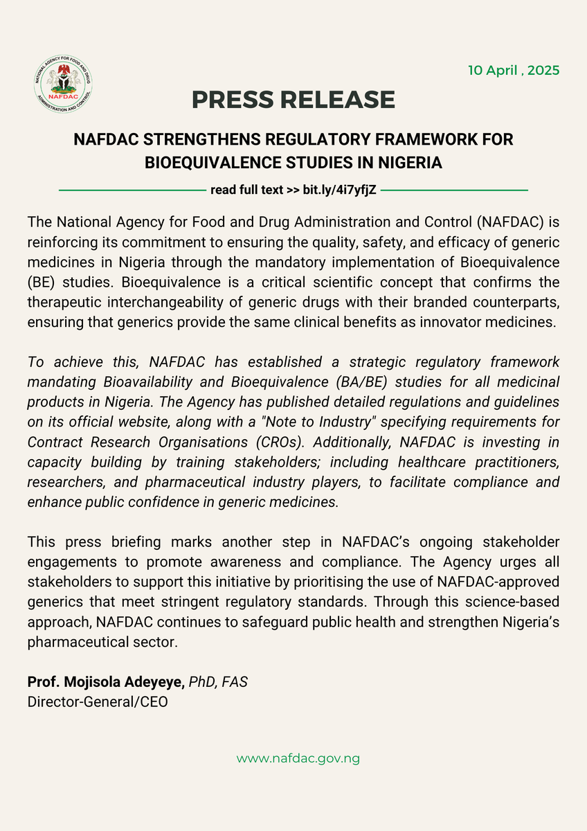 The Regulatory Framework for Bioequivalence and its Relevance to the Nigerian Market

read full text ➡️ bit.ly/4i7yfjZ