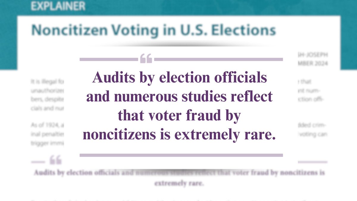 Noncitizens are not allowed to vote in federal or state elections in the U.S. This has been the law across the country since 1924 + there’s no evidence of widespread noncitizen voting.

Get all the facts with our explainer: migrationpolicy.org/sites/default/…