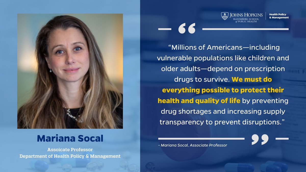 BSPH / HPM (@bsph_hpm) on Twitter photo A project led by HPM associate professor <a href="/dr_msocal/">Mariana Socal</a> was recently awarded a $1.5 million research grant from the <a href="/DeptofDefense/">Department of Defense 🇺🇸</a> to enhance the resilience of the U.S. pharmaceutical supply chain.
Learn more: publichealth.jhu.edu/2025/johns-hop… A project led by HPM associate professor <a href="/dr_msocal/">Mariana Socal</a> was recently awarded a $1.5 million research grant from the <a href="/DeptofDefense/">Department of Defense 🇺🇸</a> to enhance the resilience of the U.S. pharmaceutical supply chain.
Learn more: publichealth.jhu.edu/2025/johns-hop…
