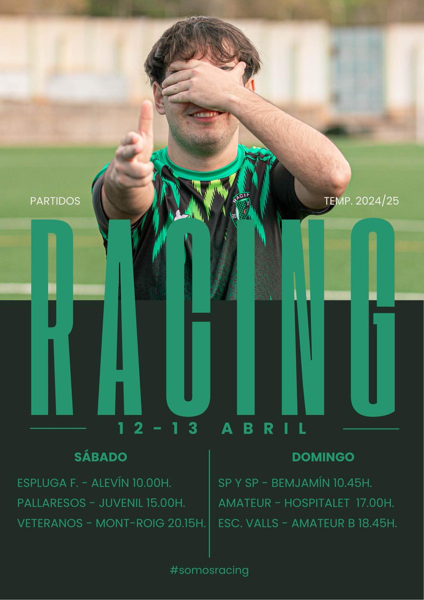 ℙ𝕒𝕣𝕥𝕚𝕕𝕠𝕤 𝕗𝕚𝕟 𝕕𝕖 𝕤𝕖𝕞𝕒𝕟𝕒
𝗦á𝗯𝗮𝗱𝗼
𝟏𝟎:𝟎𝟎 Espluga-Alevin
𝟏𝟓:𝟎𝟎 Pallaresos-Juvenil
𝟐𝟎:𝟏𝟓 Veterano-Montroig
𝗗𝗼𝗺𝗶𝗻𝗴𝗼
𝟏𝟎:𝟒𝟓 Sp y Sp Benjamin
𝟏𝟕:𝟎𝟎 AmateurA-Hospitalet
𝟏𝟖:𝟒𝟓 Valls-AmateurB
Somos <a href="/RCFBonavista/">Racing CF Bonavista</a> #neverstop
💚🖤💚🖤💚🥅⚽️🥅