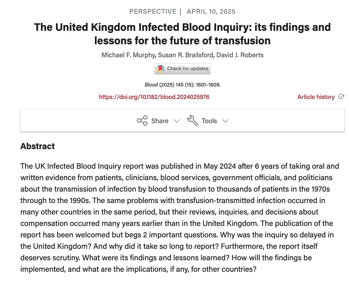 There is an article about the UK Infected Blood Inquiry in this week's issue of the journal Blood. Unfortunately it is behind a paywall, and I do not have access to it through our university library. If you have access to it, can you let me have a copy?