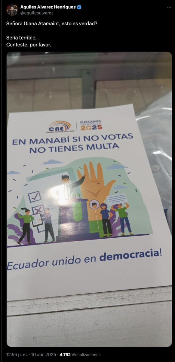 ecuainm_oficial's tweet photo. ‼️#URGENTE
Aquiles Alvarez, alcalde de #Guayaquil, publicó una fotografía en donde se aprecia: “En Manabí, si no votas, no tienes multa” con los distintivos del CNE. Además, pidió a Diana Atamaint, titular del CNE, pronunciarse sobre este hecho. https://t.co/RtCUHnbF28