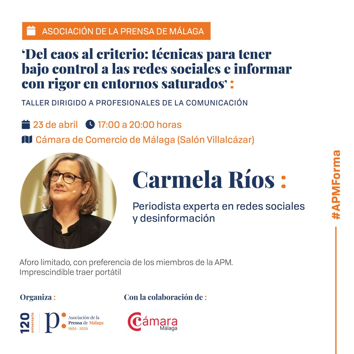 aprensamalaga's tweet photo. #APMForma | @CarmelaRios imparte el taller para #periodistas ‘Del caos al criterio: técnicas para tener bajo control a las redes sociales e informar con rigor en entornos saturados’.
⏰23 abril | 17-20h.
📍En @Camara_Malaga, entidad colaboradora.
➕https://t.co/loj0xZbrOK https://t.co/cdhgiHaLFY