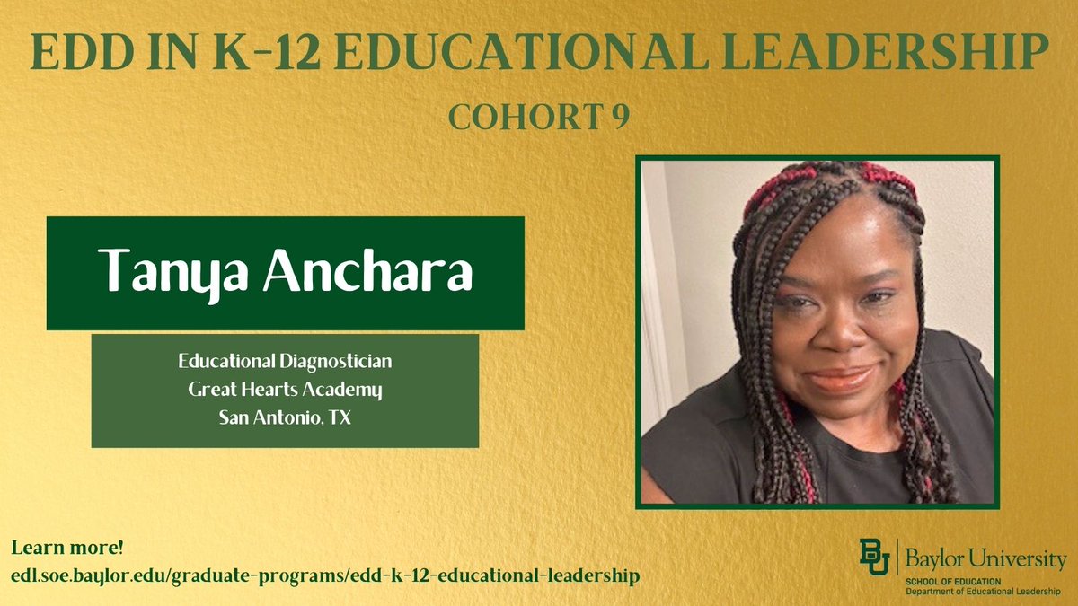 Future Doctor Tanya Anchara is joining the #BaylorLeads family.

Tanya is dedicated to becoming a visionary leader to support flourishing educators and students at Great Hearts Academies through the Baylor University EdD in K-12 Educational Leadership.  
edl.soe.baylor.edu/graduate-progr…