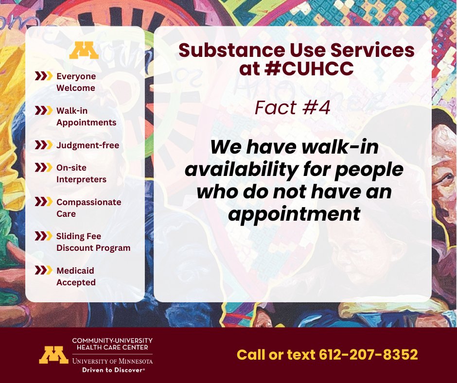 Learn key facts about our substance use program and call or text 612-207-8352 for more information or to make a referral. #nojudgment #compassionatecare #communityhealth