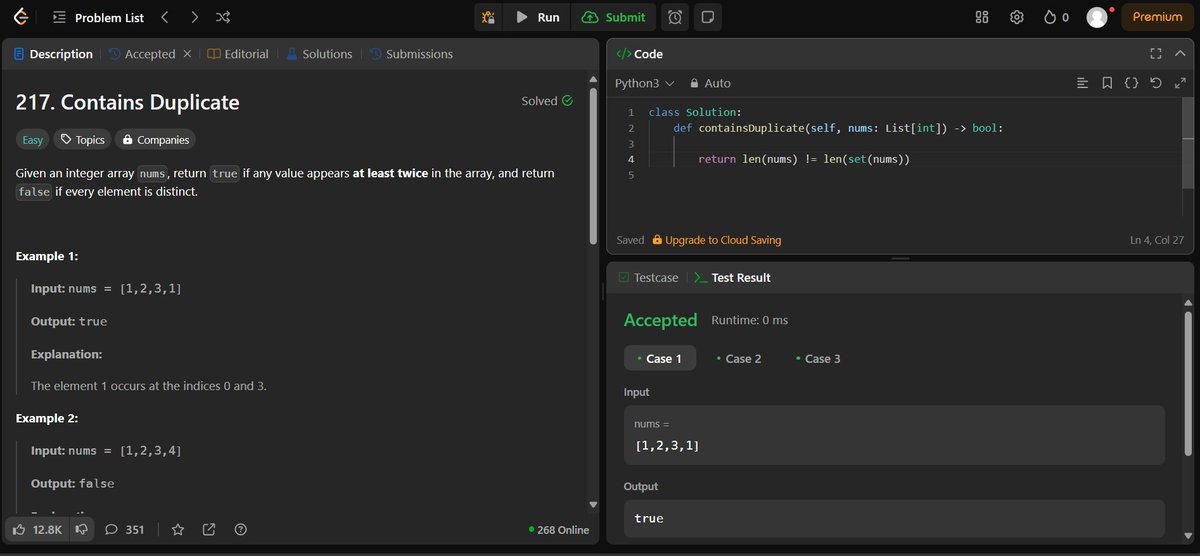 ayush_maur10241's tweet photo. 🗓️ DSA Journey: Day 3
 Today, I solved a basic but important problem in programming:
🧾 Problem Description: Contains Duplicate 🤝🚀
#DSA #ProblemSolving #Python #PlacementPrep #CodingPractice 
#LearningJourney #LinkedInFam #100DaysOfCode #TechWithKrish #Leetcode https://t.co/5di18h8NAe