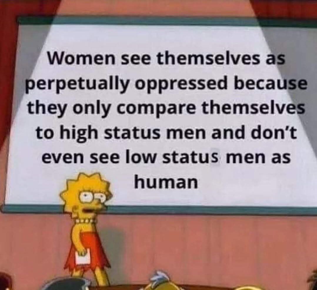 AdmPaulSvaH's tweet photo. "Frauen sehen sich selbst als ständig unterdrückt, weil sie sich nur mit Hochstatus Männern vergleichen und Niedrigstatus Männern im Grunde nicht als Menschen sehen."

Die hypergame Wahrnehmung im psychotischen Abwehrmechanismus des Splittings in über mir und unter mir, in Unterdrücker und Unterdrückte politisch, kennt kaum Graustufen.
Aus anekdotischer Erfahrung und Befragung mehrerer Frauen, sehen sie auf der Straße Männer unter ihrem subjektiven Level eigentlich nur als "Dinge" oder als Bedrohung, fragt ruhig mal selber, wie weit es mit der "Empathie" von Frauen bestellt ist.

"Nosferatu lehrt uns Frauen würden lieber einen Kadaver ficken, als einen Sub 8 Mann."

Der Ekel und die Verachtung vorm subjektiv "falschen" Mann, ist so stark, dass das fast keine Übertreibung ist in diesem Bild, die kann man gerne auch an der Front verheizen, gesellschaftlich diffamieren und im Grunde kastrieren sollte, was eigentlich ja schon psychologisch durch weibliche Erziehung passiert.

Der Mythos der Geschlechterungerechtigkeit:

"Was feministische Propaganda dich lehrt, wie es mit Ungleichheit aussieht, was Geld, Macht und Lebensqualität angeht und wie es wirklich aussieht"

Hier die Wirklichkeit was die "Sheconomy" angeht:
https://t.co/M7gz47o6Uh

Da sind OF und die Simpwirtschaft, die endlosen gratis Dienstleistungen, nicht eingerechnet, die die priviligierteste Klasse in der Geschichte der Menschheit, die gleichzeitig das größte Opfer spielt, genießt.

Stop Simping, verkauft euch nicht unter Wert.