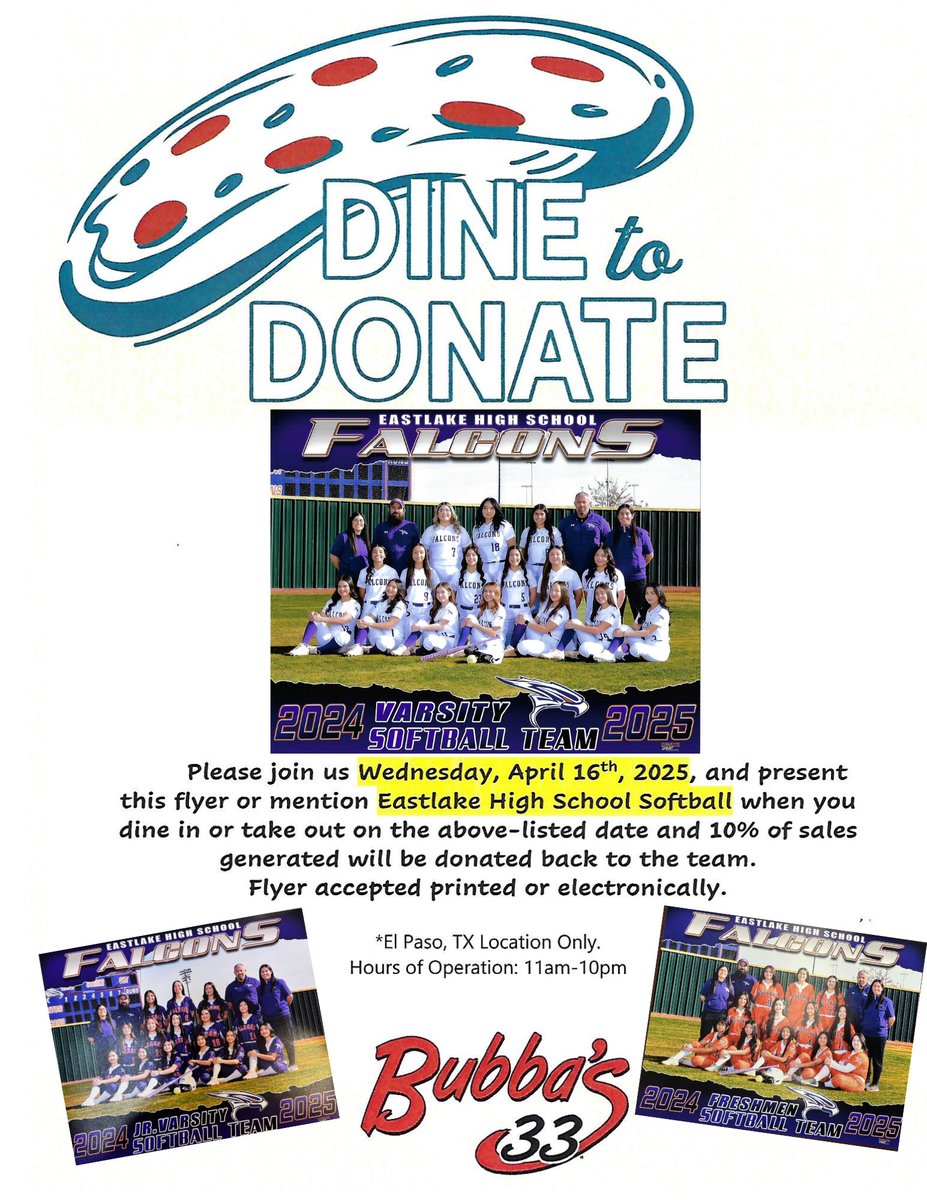 ChiefRCRojas's tweet image. Help support @EastlakeSoftba1 Program at Bubba’s 33 next Wednesday to support the Eastlake Softball program.
Great food. Great cause. Help us pack the place for our girls! #TheLake
#EastlakeSoftball #SupportLocalAthletes #Bubbas33Fundraiser