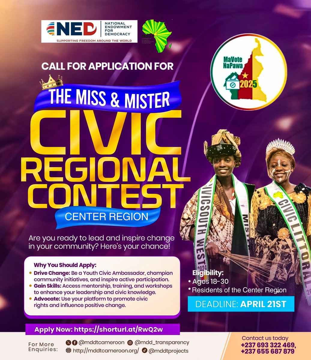 mddtcameroon's tweet photo. Become the Face of Change in the CENTER REGION with the Miss & Mister Civic Cameroon Contest! Inspire and engage the youth for a bright democratic future. #NotTooYoungToVote #MyVoteMyPower
APPLY NOW 👉🏼 https://t.co/1QD88zENrh https://t.co/8XyqTNw3JC