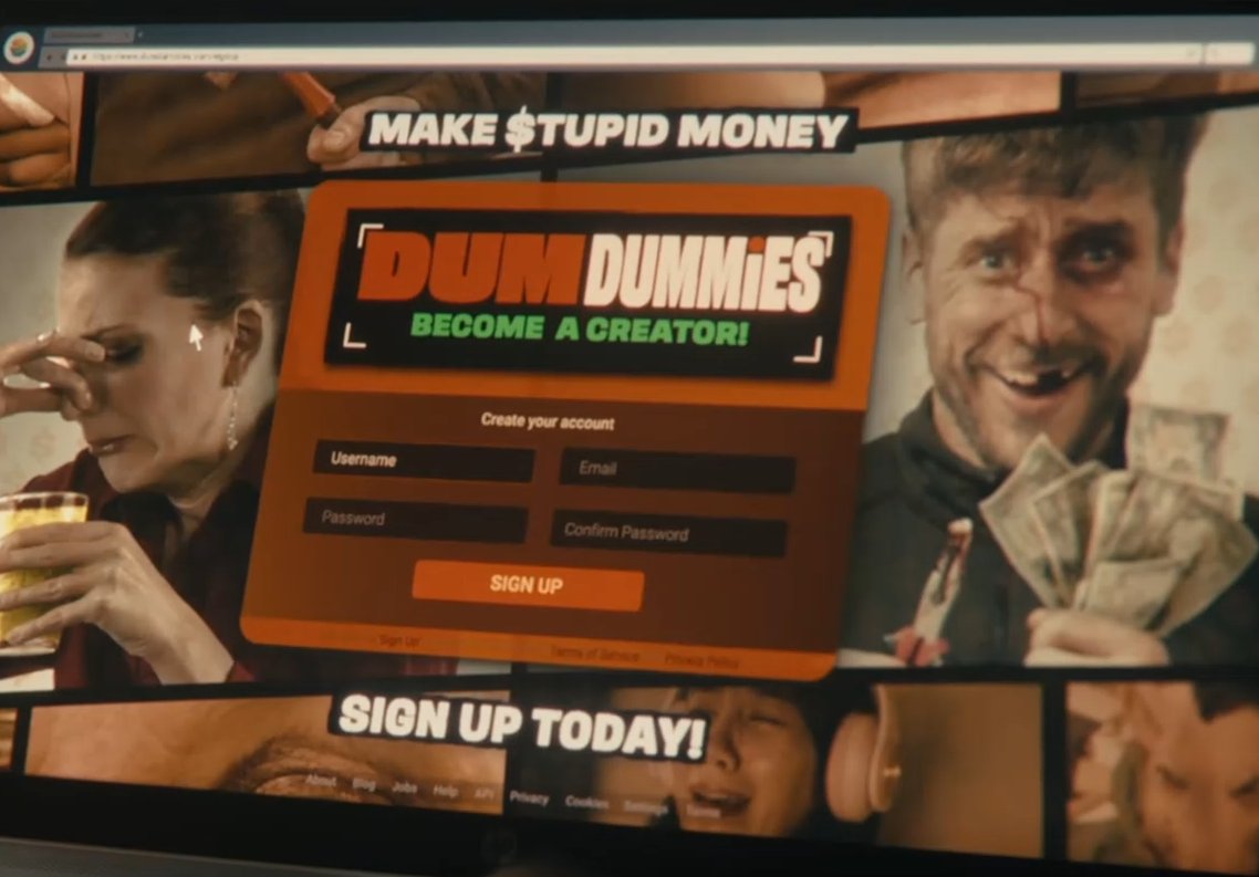 veloxcity's tweet photo. While the protagonist was signing up to the website, I noticed there's a ticker on the website

$TUPID

Which means they must be using a digital currency called Stupid to send money to the person performing the "Stupid" actions. https://t.co/66puBHEh4Z