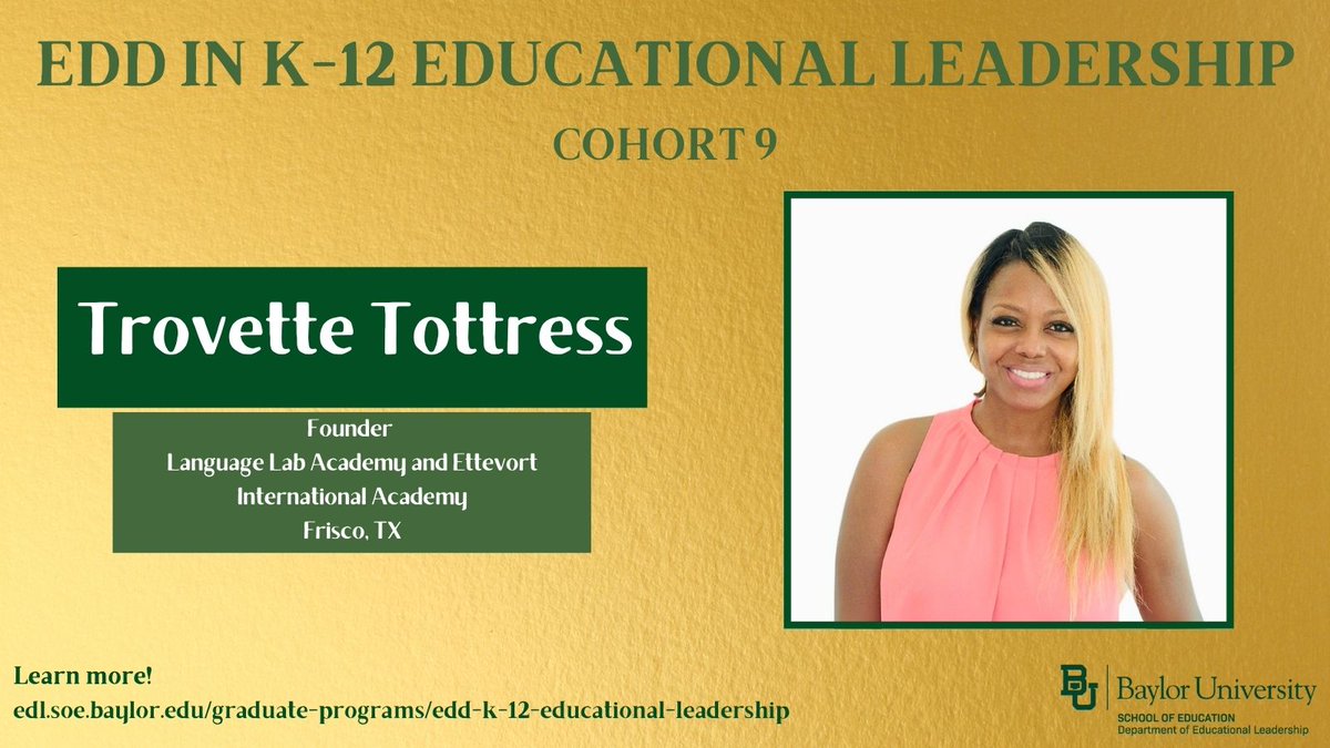 Future Doctor Trovette Tottress is joining the #BaylorLeads family.

Trovette is dedicated to becoming a visionary leader to support flourishing educators and students in Frisco ISD through the Baylor University EdD in K-12 Educational Leadership.

edl.soe.baylor.edu/graduate-progr…
