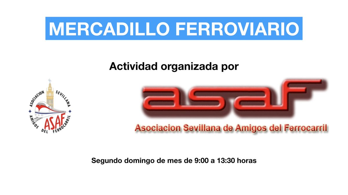 infoasaf's tweet photo. Comunicamos que el próximo domingo 13 de abril el Ferrocarril del Alamillo no abrirá sus instalaciones. En cambio el mercadillo ferroviario de la Estación de Santa Justa si se celebrará el domingo 13 en su horario habitual de 9:00 a 13:30 horas. https://t.co/CNajqTIizJ