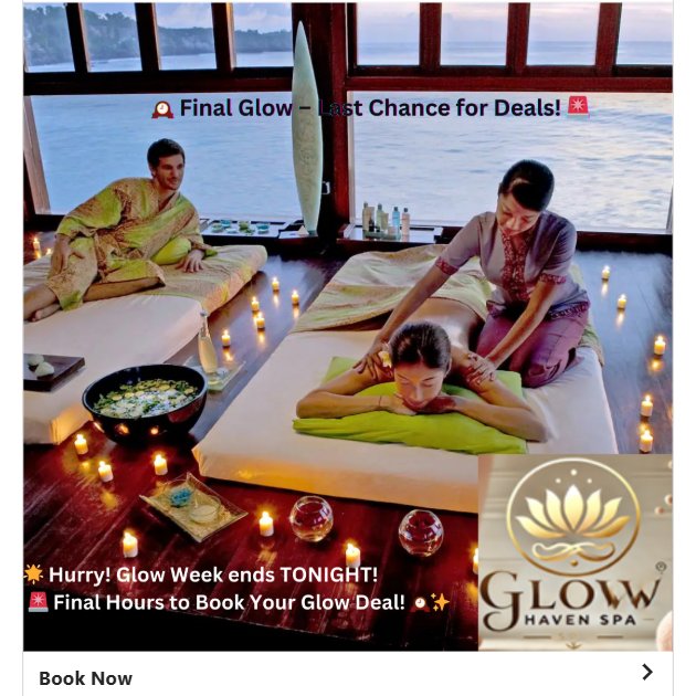 JoshEngMarketer's tweet photo. 💆‍♀️ Master the glow! At GlowHeaven Spa, we’re proud to offer professional facials &amp; massages with 25% OFF. Our certified therapists are here to elevate your self-care game. Book now at https://t.co/AYdlUjGze5 or call (555) 987-4321.
#Expertise #SpaVibes #Ability https://t.co/0EPhmTVB3S