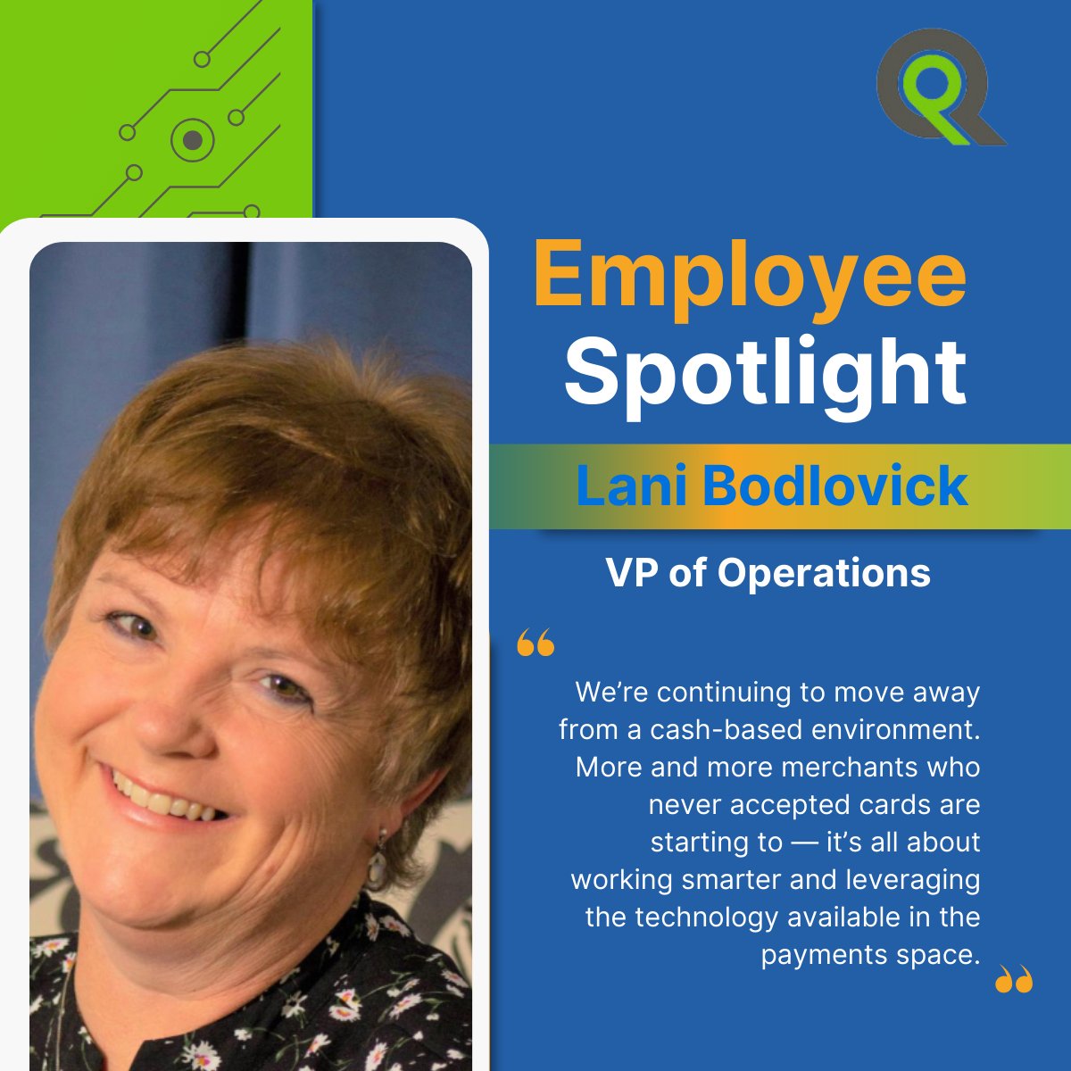 Employee Spotlight: Lani Bodlovick 🌟
Meet Lani, our VP of Ops with decades of #payments experience and a hands-on #leadership style at #Qualpay.
💡 Future of payments? Less cash, more tech
🍴 Fun fact: She co-owns Scott’s Mac Wagon—delicious!
🧠 Motto: Work smarter, not harder