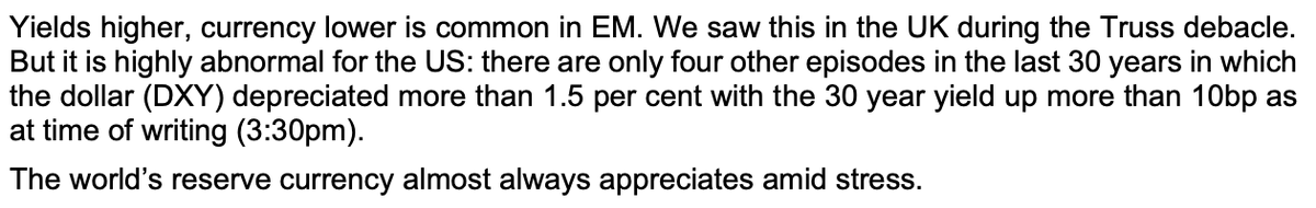 Sobering on just how unusual the combination of dollar and interest rate moves are (especially on a day with a fantastic CPI print).

From the EvercoreISI team led by Krishna Guha.