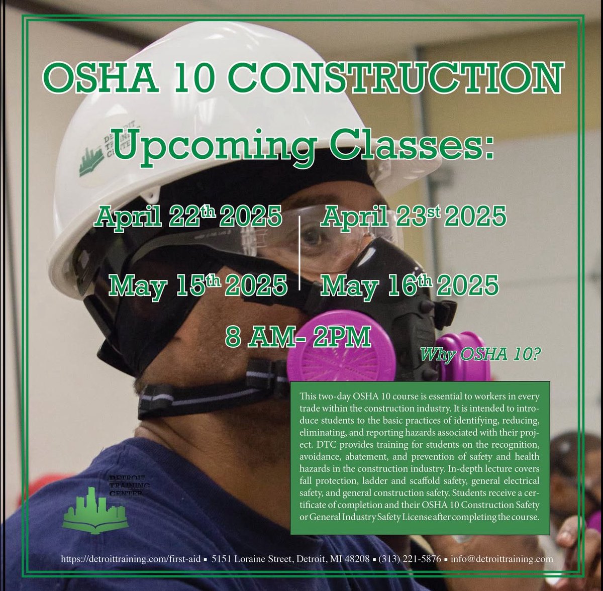 This two-day OSHA 10 course is essential to workers in every trade within the construction industry. It is intended to introduce students to the basic practices of identifying, reducing, eliminating, and reporting hazards associated with their project.