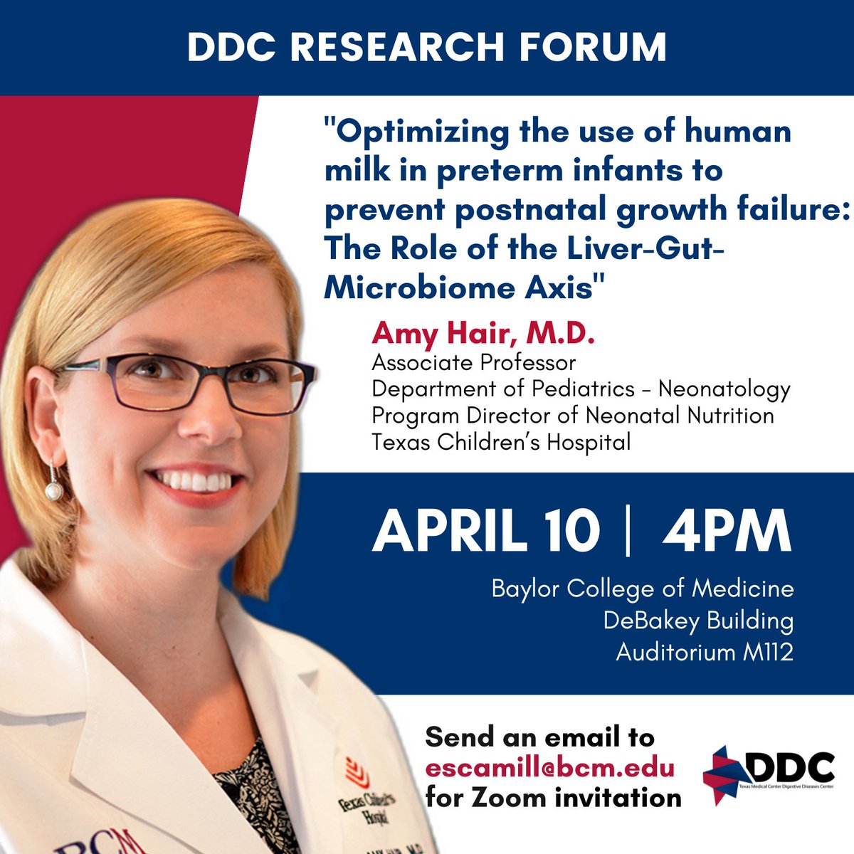 TMC Digestive Diseases Center (@tmcddc) on Twitter photo TODAY @ 4PM CST ‼️
We're excited to host Dr. <a href="/AmyHairMD/">Amy Hair MD</a> from <a href="/bcmhouston/">BCMHouston</a> <a href="/TexasChildrens/">Texas Children's</a>! Working with #preterm #neonates, her research explores how human milk positively affects growth in very low birth weight.
Join in-person or via Zoom! TODAY @ 4PM CST ‼️
We're excited to host Dr. <a href="/AmyHairMD/">Amy Hair MD</a> from <a href="/bcmhouston/">BCMHouston</a> <a href="/TexasChildrens/">Texas Children's</a>! Working with #preterm #neonates, her research explores how human milk positively affects growth in very low birth weight.
Join in-person or via Zoom!