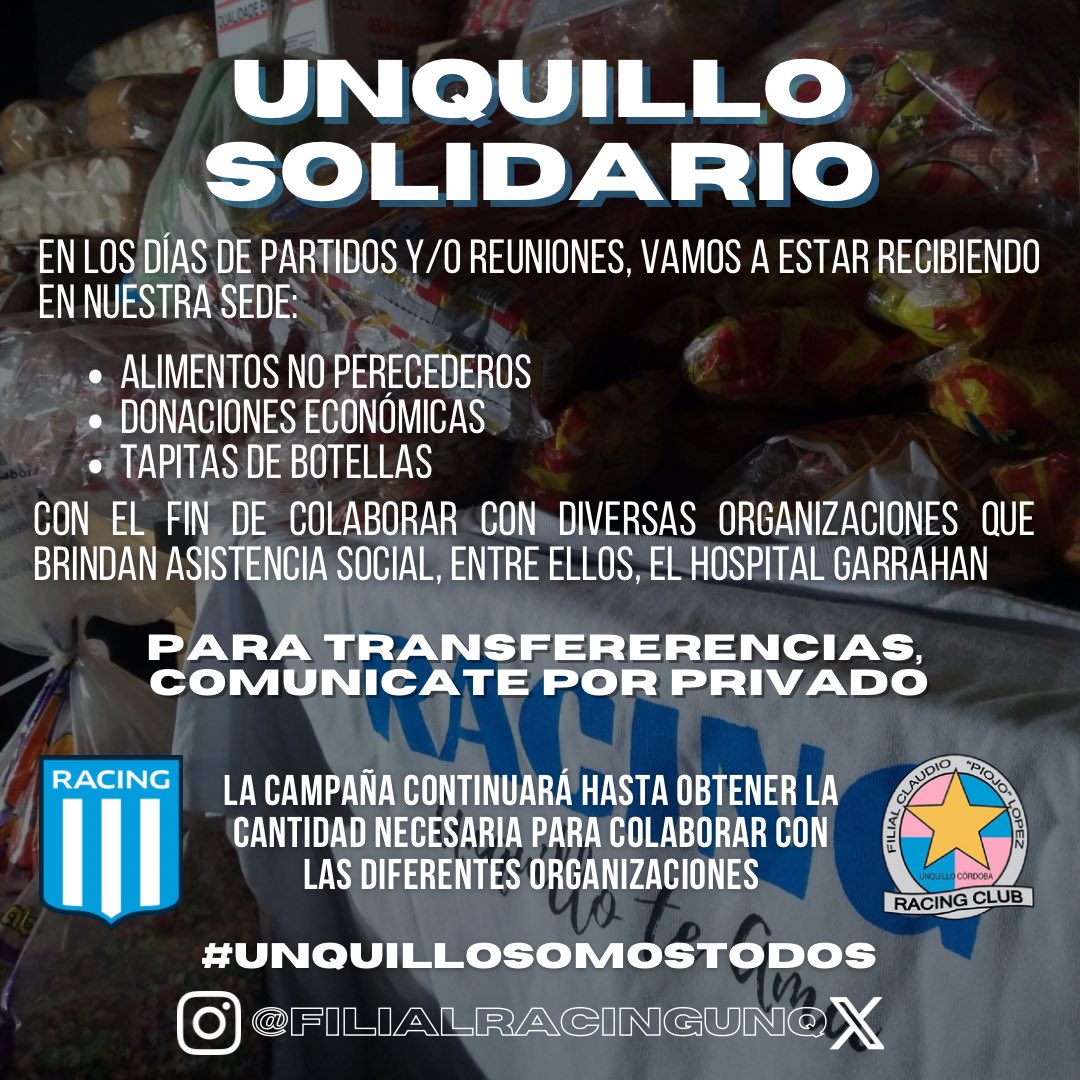 FilialRacingUnq's tweet photo. JUEVES CON J DE JUEGA LA ACADEEEE🙌🏼

Primer partido de local por la #CopaLibertadores, esta vez sin público pero hacemos de local en la sede, alentando todos juntos🫶🏻🩵

Recordá traer tus alimentos no perecederos o tu ayuda económica para seguir colaborando con #UnquilloSolidario https://t.co/qICKqaNVVO