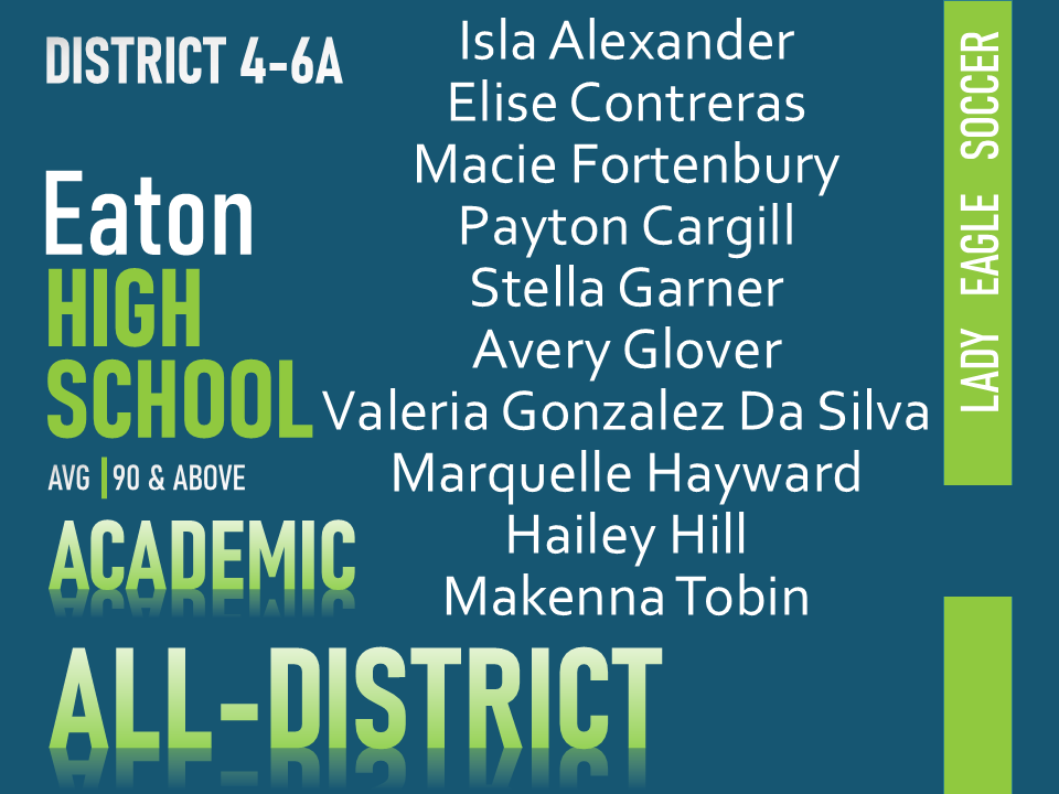Lady Eagle Soccer (@ehs_ladyeagles) on Twitter photo Congratulations to our varsity players taking care of business in the classroom this season!!!
<a href="/EatonHighSchool/">Eaton Eagles</a> <a href="/NISDAthletics/">NISD Athletics</a> Congratulations to our varsity players taking care of business in the classroom this season!!!
<a href="/EatonHighSchool/">Eaton Eagles</a> <a href="/NISDAthletics/">NISD Athletics</a>
