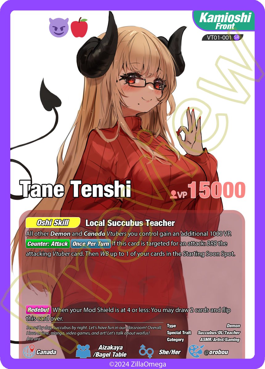 ZillaOmega15's tweet photo. I would like to introduce the first batch of my new Vtuber TCG hobby I've been working on for over half a year! Name still being workshopped. The first 5 are made of @tane_tenshi 🍎😈 Displayed here are the front/back sides of a Leader card &amp; then full art battle cards. (1/8) https://t.co/YO90yS2HZ3