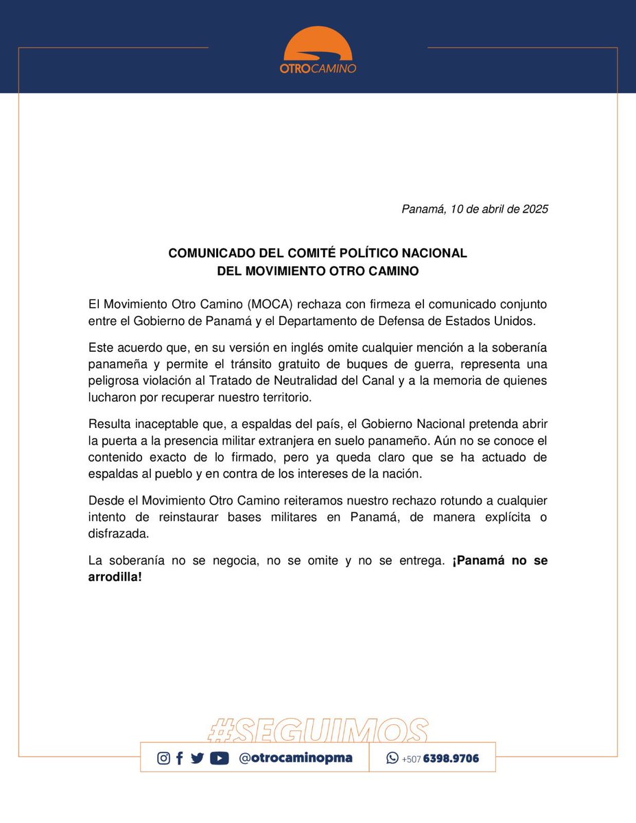 COMUNICADO DEL COMITÉ POLÍTICO NACIONAL DEL MOVIMIENTO OTRO CAMINO 

La soberanía no se negocia, no se omite y no se entrega. ¡Panamá no se arrodilla! #Seguimos