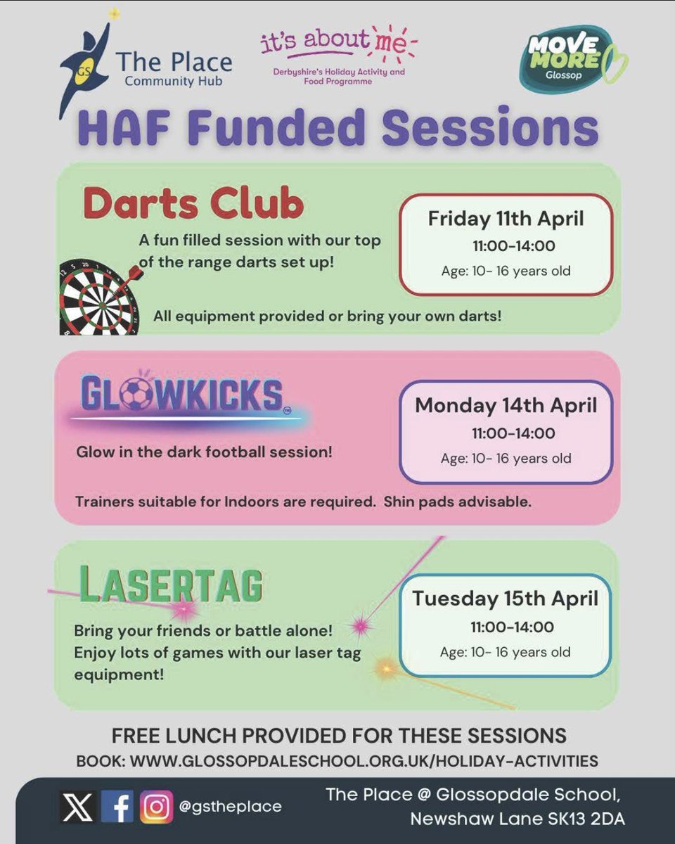 GSThePlace's tweet photo. Over the next few days we will be running HAF activities for 10-16yrs. The sessions are free, sign up online. There are still places available on all sessions including tomorrow’s darts club session! https://t.co/sH1EWvs0FF