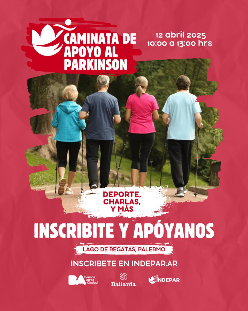 En el marco del Día Mundial del Parkinson, la Asociación INDEPAR organiza el 12 de abril una caminata en los bosques de Palermo para generar conciencia sobre la enfermedad y recaudar fondos para la investigación en el área. Requiere inscripción. Más info: shorturl.at/ZH5V5