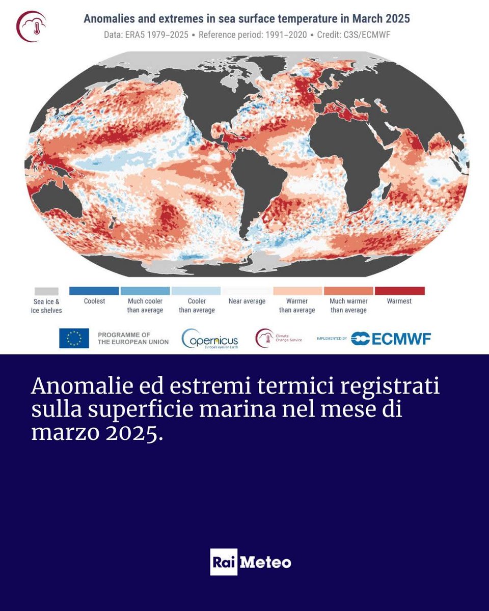 Le T° superficiali degli oceani continuano a mantenersi elevate per il periodo, proseguendo un trend cominciato nel 2023.  A marzo 2025, i mari compresi tra le latitudini 60°S e 60°N hanno registrato T° giornaliere superiori rispetto agli anni precedenti, con l’eccezione del 2024