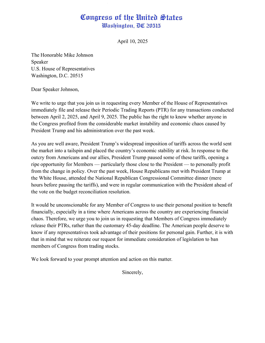 RepJoeNeguse's tweet photo. Members of Congress shouldn’t be trading stocks.

Period. Full stop.

The Speaker must take action to ensure all member trades during Trump’s tariff chaos over the last week are disclosed IMMEDIATELY.

And put our legislation to ban stock-trading on the House Floor for a vote! https://t.co/0k46NQoPNq