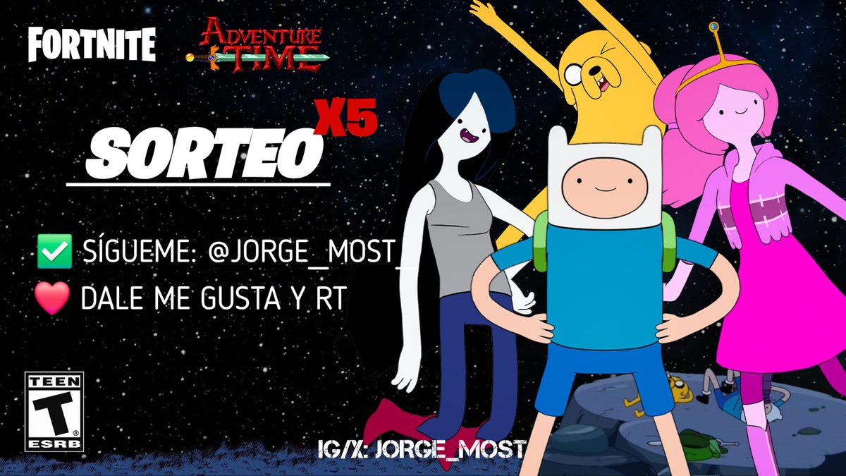 🎁 SORTEO 5 SKINS DE HORA DE AVENTURAS:

✅ Sígueme: <a href="/Jorge_Most_/">Jorge_Most</a> 
❤️ Dale Me Gusta y RT.

⏰ Durará menos de 48 horas, puedes elegir la skin que más te guste, suerte a todos bros y gracias por vuestro apoyo 💘 

#Fortnite