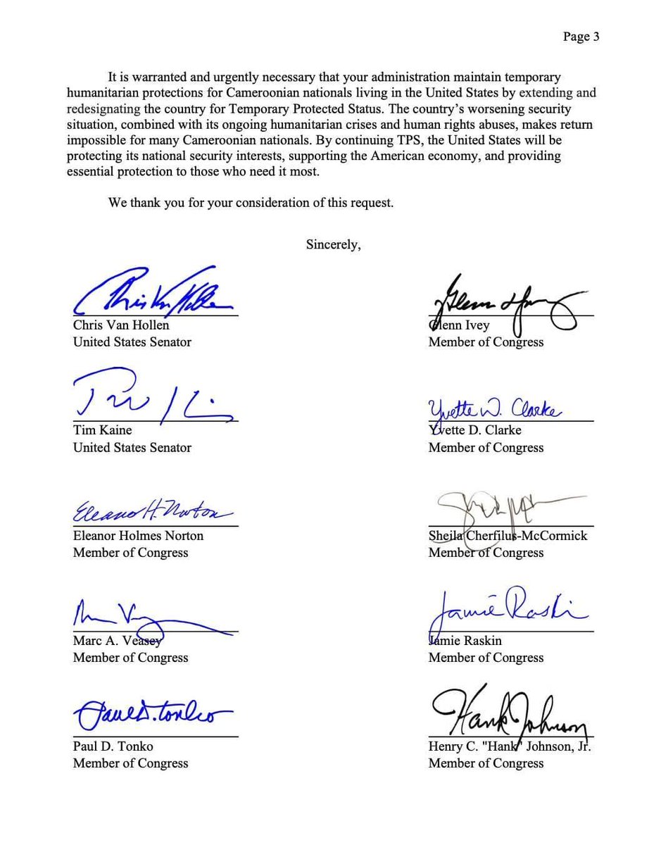 American legislators request and extension of TPS for Cameroon.