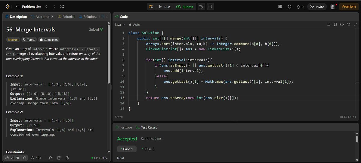 aakashdeep2310's tweet photo. #day104 of #daily #code and
Its #day18 of Blind 75 #Leetcode #DSA #Challenge ✅Problem Solved: 56. Merge Intervals
If you are solving DSA problems daily, let's connect. #blind75 #revision #Java #ProblemSolving #CodingChallenge #shashcode #potd #JavaDSA
@shashCode https://t.co/VkHWjwS8ft