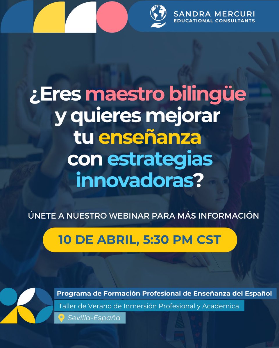 Today’s the day! Join us at 5:30 PM CT to learn how our Professional Immersion Program in Seville can transform your teaching with innovative strategies and real bilingual classroom experiences.

Zoom: us06web.zoom.us/j/88384166396?…
Register: forms.gle/HzoaJVp1KHghHr…