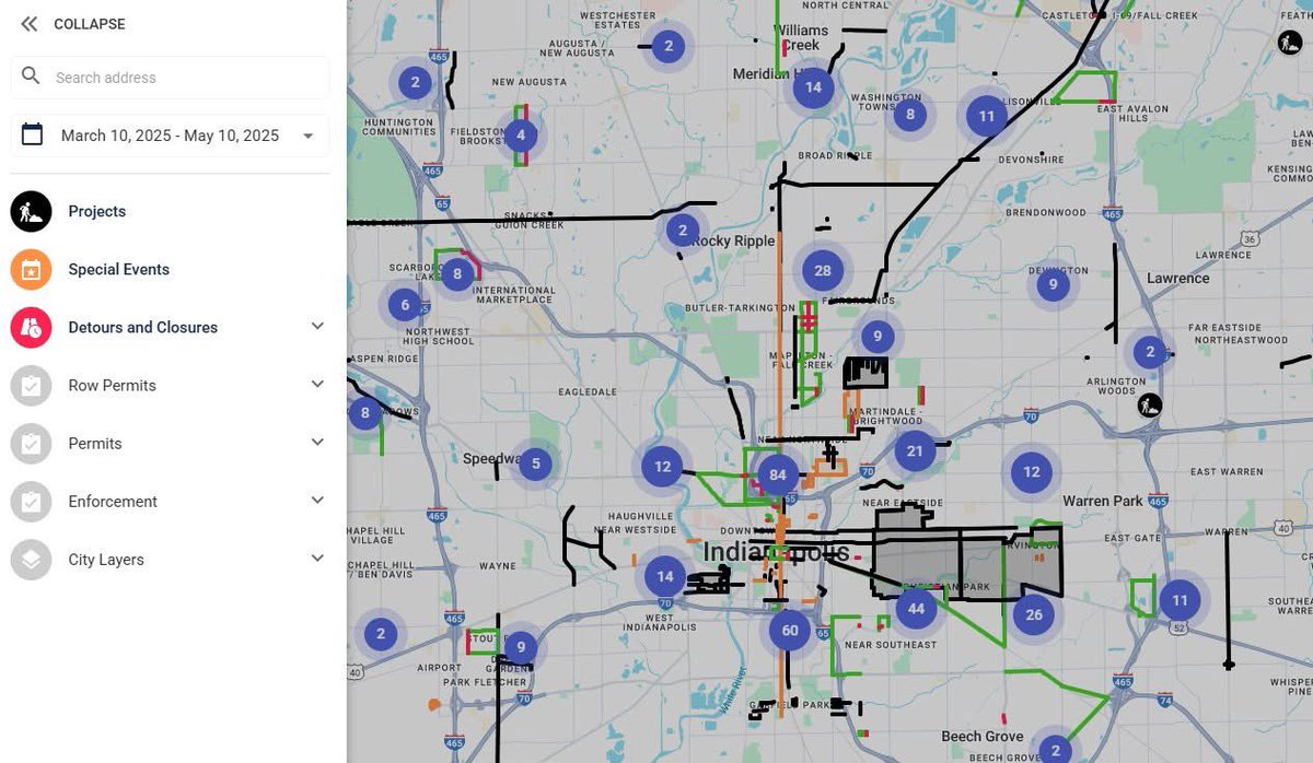 IndyDBNS's tweet image. Our new road closure viewer gives you access to critical info about road projects, ROW permits, &amp;amp; special events. It also incorporates data from @IndyDPW so can take look at both city projects &amp;amp; private developments that affect the ROW. Check it out!
indianapolis-public.dotmapsapp.com/map