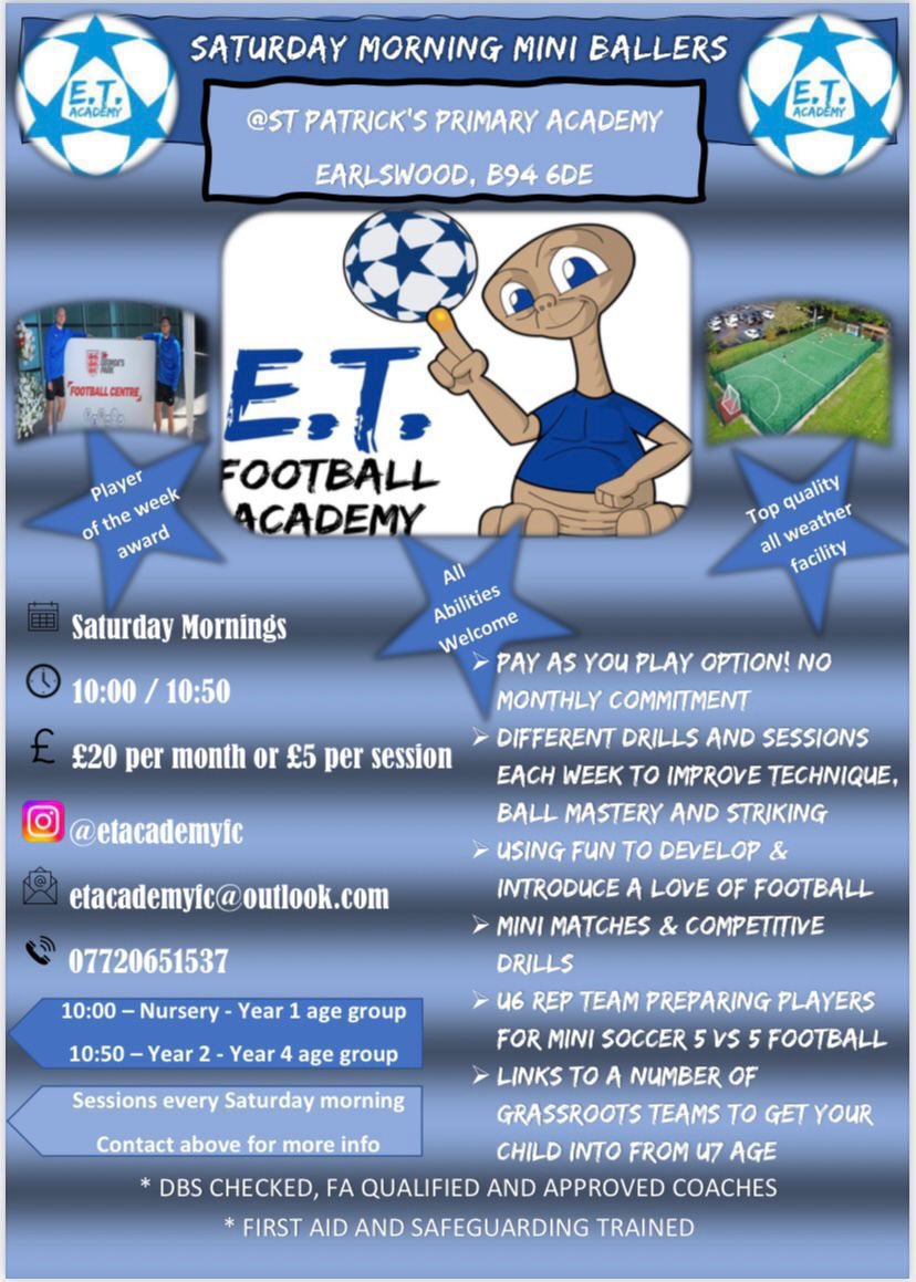 ETacademyFC's tweet photo. We are on as normal this Saturday so come &amp; enjoy the weather with us and kickstart the kids #Easter holidays off the right way ⚽️

https://t.co/zqEdELHwm4

📍 St Patrick’s Primary Academy, Earlswood, B94 6DE

#ET👽 #Academy #Kids #Football #Coaching #Earlswood #Shirley #Solihull https://t.co/yUdWcgw3l3