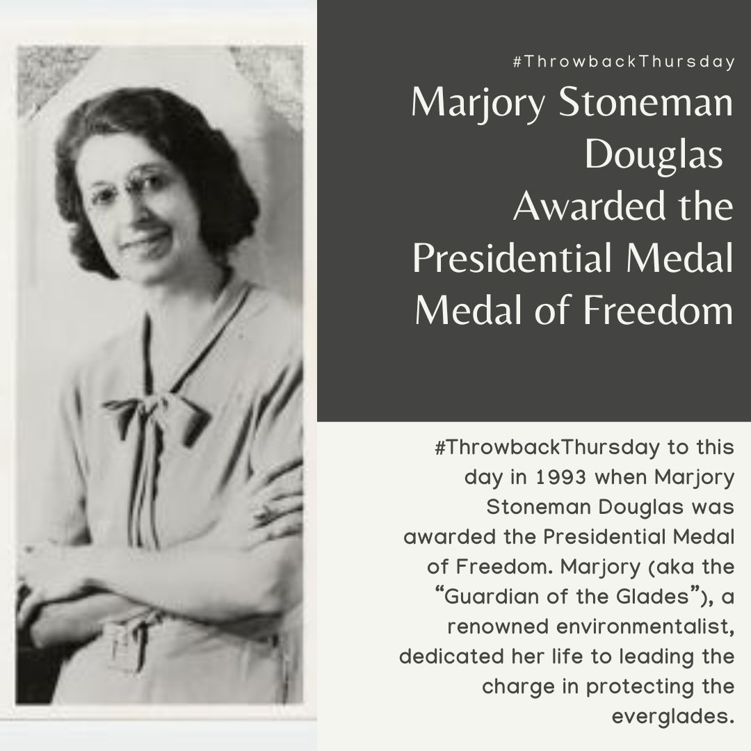 GW_WGSS's tweet image. #ThrowbackThursday to this day in history when conservationist, Marjory Stoneman Douglas, got the Presidential Medal of Honor for her tireless work in protecting the everglades.

#wgss #throwbackthursday #marjorystonemandouglas #conservation #everglades #presidentialmedalofhonor