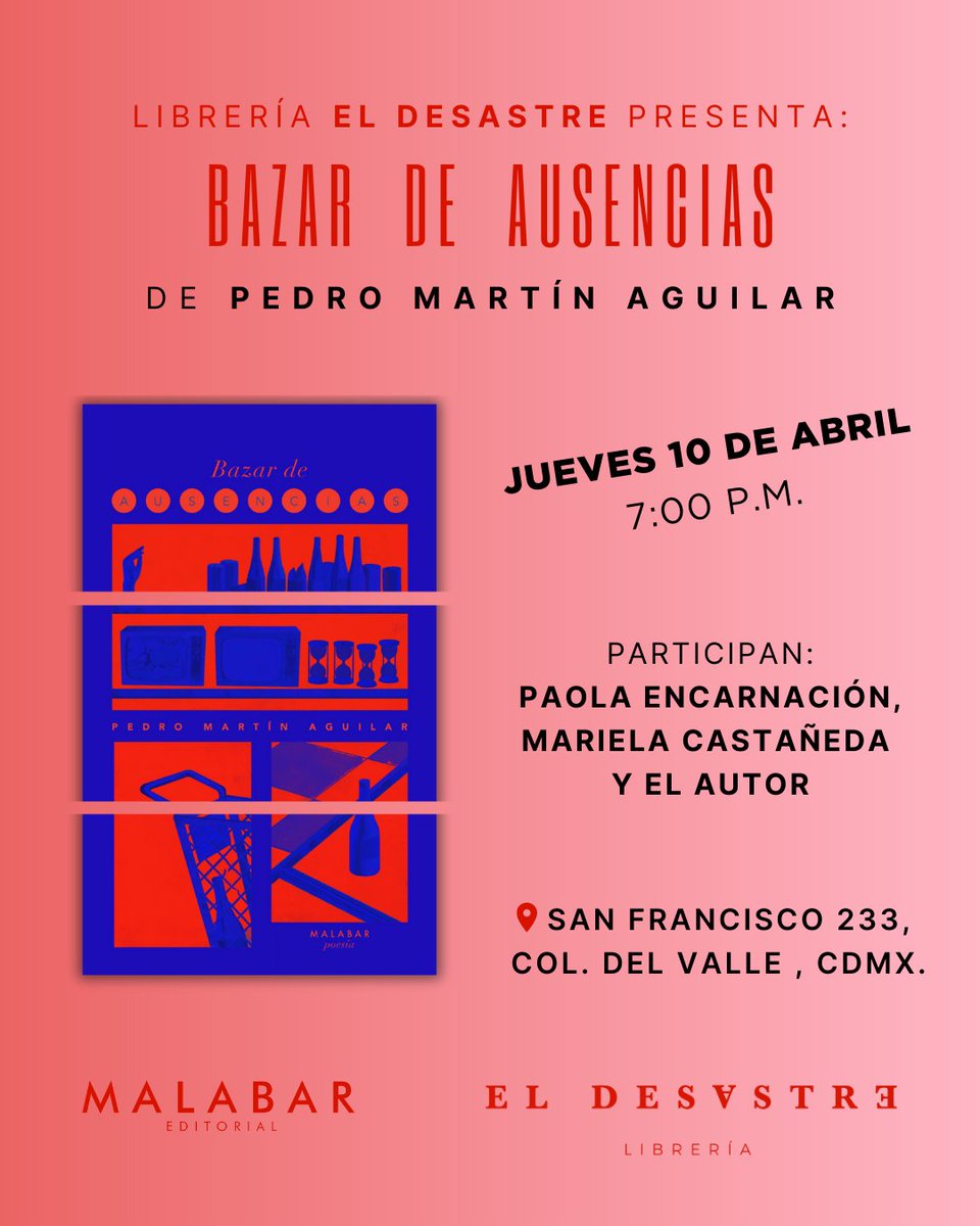 Los esperamos hoy en El <a href="/DesastreLibros/">Librería El Desastre</a> para presentar el poemario de <a href="/pedromartin91/">Pedro Martín Aguilar</a> 🤓

7 p. m. en San Francisco #233, Col. Del Valle, CDMX.