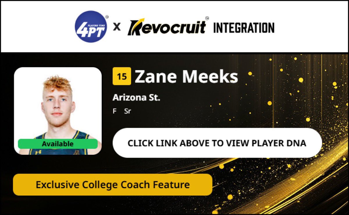 CBB Transfer Portal Spotlight

Zane Meeks
6'9" 220
Forward
Arizona State

2023-24 Stats (5 Games):
📊 18.0 PPG, 1.2 RPG, 0.2 APG, 46.2 FG%

Coach Exclusive Revocruit Player DNA:
🔗 applink.revocruitathlete.com/player/1957

#TP4PT #TransferPortal