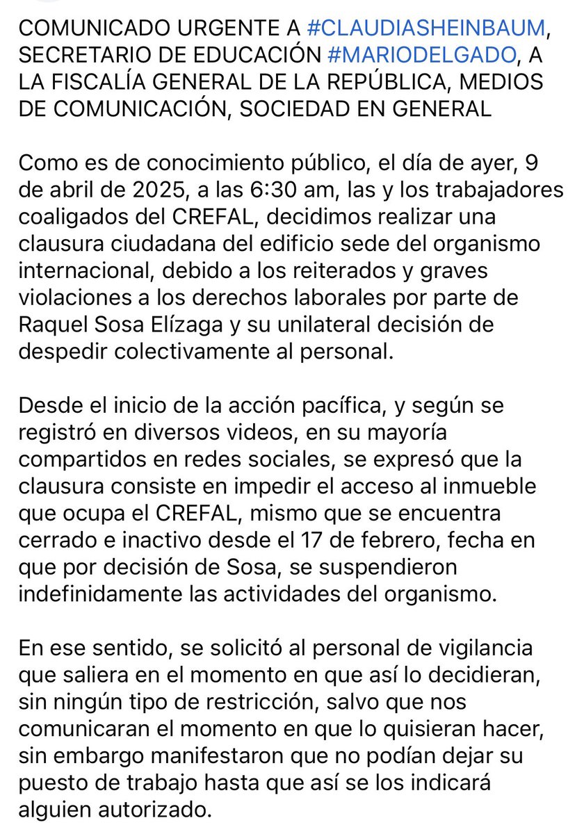 CREFALUnidos's tweet photo. RaquelSosa criminaliza la lucha obrera de los trabajadores del #CREFAL y amenaza a los representantes legítimos. Los directivos por órdenes de Raquel someten a más de 48 horas continuas de trabajo a su personal de vigilancia. https://t.co/kNE3kO11O5