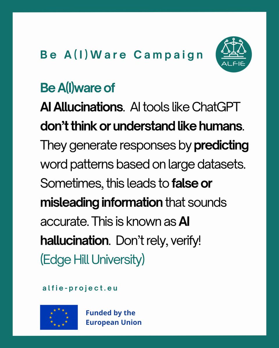 AI tools like ChatGPT are great for ideas &amp; tasks, but beware of #AI hallucinations! 
They predict words, not meaning, leading to convincing but false info. 
Always verify with trusted sources! 
#BeAIware #AIEthics #AIsafety