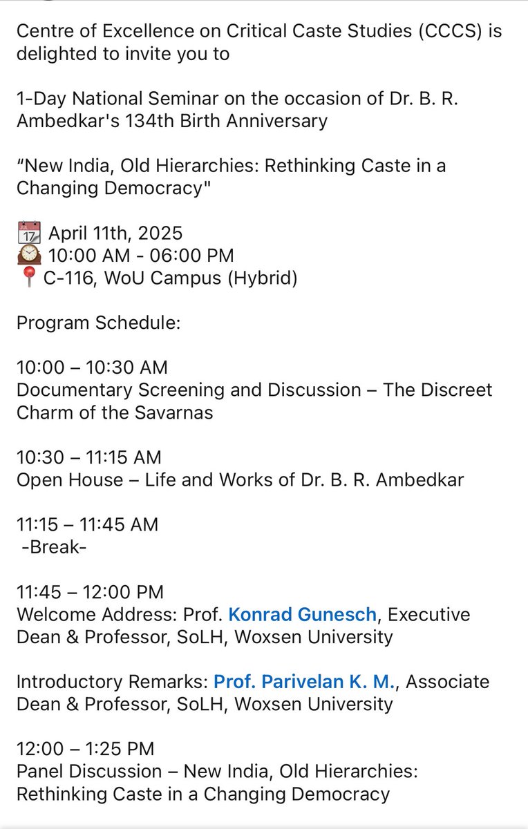 Su_philos's tweet photo. 1 Day National #Seminar on Dr. B. R. #Ambedkar's 134th Birth Anniversary

“New India, Old Hierarchies: Rethinking Caste in a Changing Democracy”

📆 April 11, 2025
🕰️ 10:00 AM-06:00 PM
📍C-116, WoU (Hybrid)

Zoom ID: 95689496295
Pwd: 579684

#AmbedkarJayanti #CriticalCasteStudies https://t.co/V8zqpRkiuu